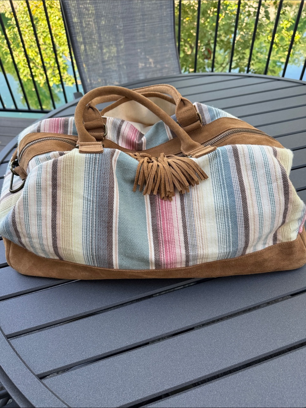 Pottery Barn Suede-Trim Striped Weekender - Tan & Pastel Stripes